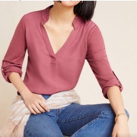 Anthropologie Tops - Anthropologie Porridge Aidan V-Neck Roll Tab Sleeves Pullover Blouse Top Small